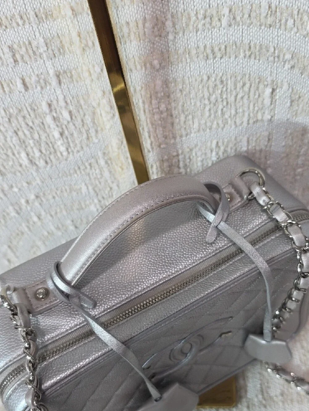 CHANEL Silver Quilted Vanity-Style Large Camera Shoulder Bag